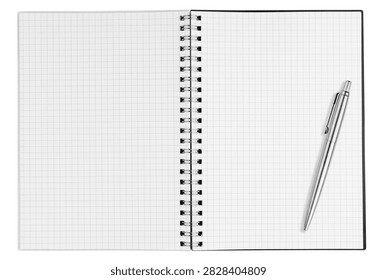 Blank open vertical graph notebook with checkered pages and silver ballpoint pen isolated on white background. Top view portrait notepad mockup template for business, accounting and coding