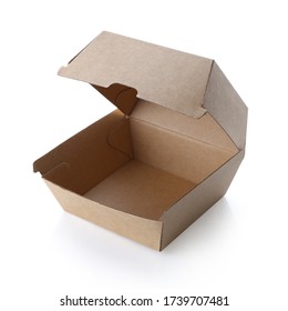 Blank Opened Brown Craft Burger Box Isolated On White Background. Empty Eco Friendly Disposable Package For Burger & Sandwich. Clear Delivery Kraft Box For Fast Food, Branding, Mock Up & Template.