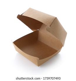 Blank Opened Brown Craft Burger Box Isolated On White Background. Empty Eco Friendly Disposable Package For Burger & Sandwich. Clear Delivery Kraft Box For Fast Food, Branding, Mock Up & Template.