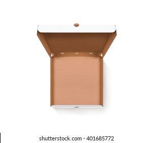 Blank opened pizza box design mock up top view isolated. Carton packaging empty pizza box delivery clear mockup. Cardboard pizza box template. Open food brown box presentation. Pizzeria branding box.