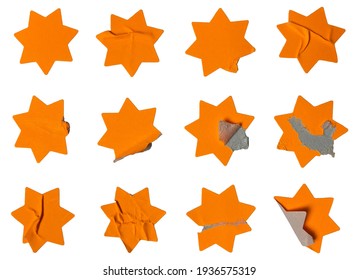 Blank Orange Price Star Adhesive Paper Sticker Label Set Collection Crumpled Isolated On White Background