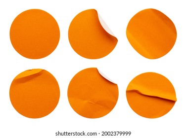 Blank orange round adhesive paper sticker label set collection isolated on white background