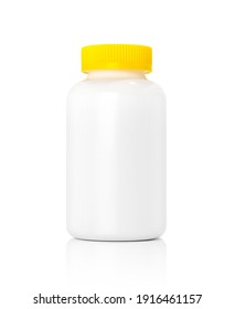 Blank Packaging White Plastic Bottle With Yellow Cover For Supplement Product Design Mock-up Isolated On White Background With Clipping Path