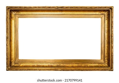 blank panoramic old golden picture frame cutout on white background