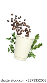 Blank paper cup with coffee seeds and twigs isolated on white background, PNG
