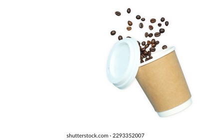 Blank paper cup with coffee seeds isolated on white background, PNG