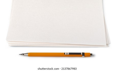 Blank Paper With Mechanical Pencil Isolated On White