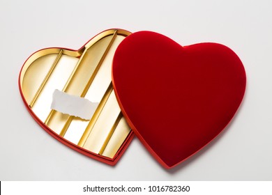 Blank Paper Note In Empty Heart Shaped Chocolate Box