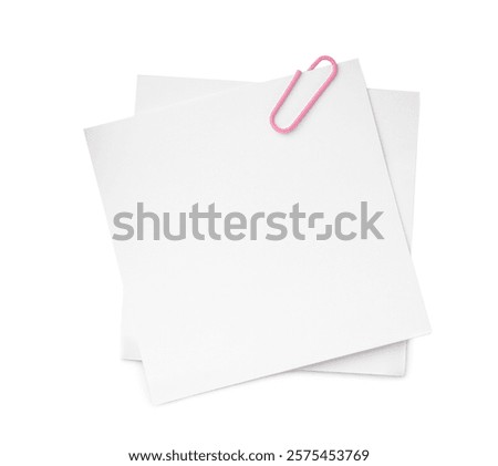 Blank paper notes attached with clip isolated on white, top view