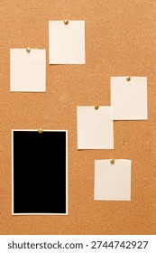 Blank paper notes and an empty photo are pinned to a cork board. The concept of detective investigation or a webinar