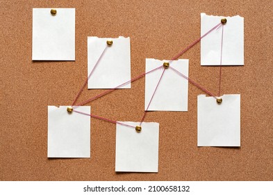 Blank paper notes are pinned to a cork board. The concept of detective investigation. Copy space. - Shutterstock ID 2100658132