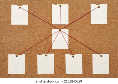 Blank Paper Notes Are Pinned To A Cork Board. The Concept Of Detective Investigation. Copy Space.