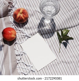 Blank Paper Sheet Cards Mockup, Glass Water, Fruits And Floral Shadow Top View Background. Summer Stationary Template.Copy Space. Flat Lay Minimal Business Brand Template .Card Mock Up