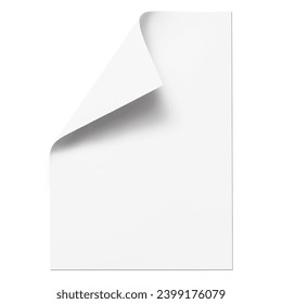 Blank paper sheet with a curved corner, isolated on white background, top view.