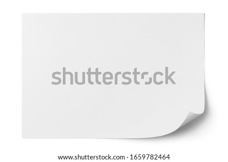 Blank paper sheet with a curved corner, isolated on white background, top view