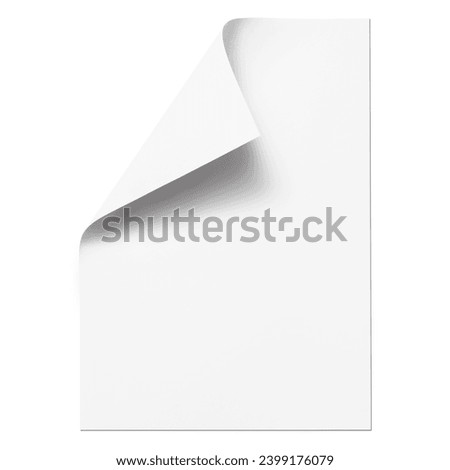 Blank paper sheet with a curved corner, isolated on white background, top view.