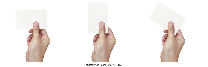 Blank paper white business card with hand holding isolated on white background. of free space for your copy, Clipping path. - Shutterstock ID 2032748858