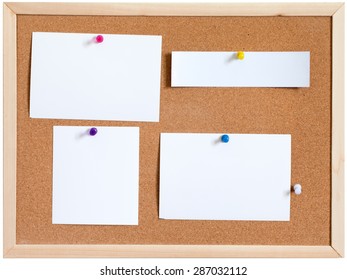 Blank Papers Pin Up On Cork Board Isolated On White Background