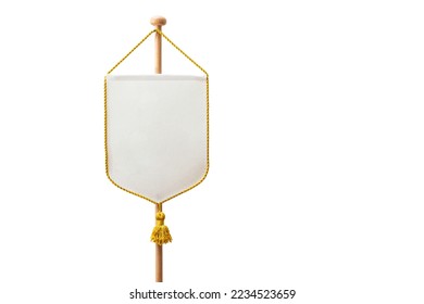 Blank Pennant white fabric with gold fringes on white background. Info banner flag isolated