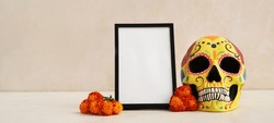 Blank Photo Frame, Flowers And Painted Skull On Light Background With Space For Text. Celebration Of Mexico's Day Of The Dead (El Dia De Muertos)
