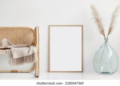 Blank Picture Frame Mockup On White Wall. Artwork Template In Interior Design