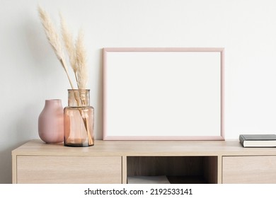 Blank Picture Frame Mockup On White Wall. Artwork Template In Interior Design