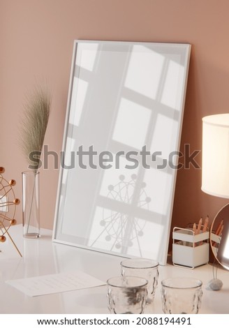 Blank picture frame mockup on whitewall. Artwork in interior design. 3d render