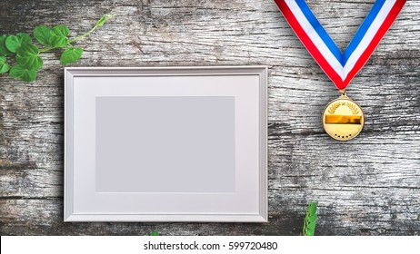 Blank Picture Frame Template Set For Photo Or Picture Painting Art Gallery And Hall Of Fame Award And The Gold Medal In Interior Isolated On Wall Background .