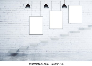 Blank Picture Frames On White Brick Wall, Lamps And Stairs, Mock Up