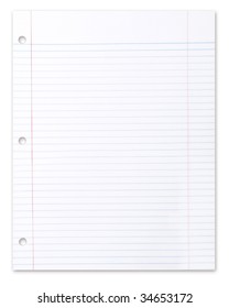 Blank Piece Of School Lined Paper On White With A Drop Shadow