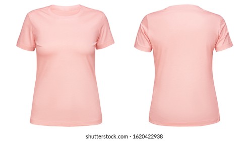 Blank Pink Female T Shirt Template Front And Back Side View Isolated On White Background. T-shirt Design Mockup For Using Promotional