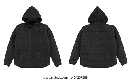 Blank plain bomber jacket hoodie black color front and back view bundle pack isolated on white background, ready for your mock up design. black jacket bomber. - Shutterstock ID 1424239289