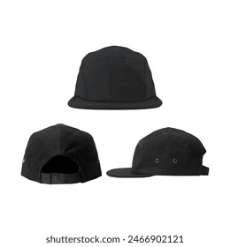 Blank plain snapback hat cap 5 panel in front and back view, isolated on white background.