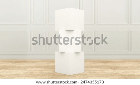 Blank plane cube stack in hotel lobby or pre-function area for event branding. 3D rendering of cube stack mockup for branding indoor or outdoor. For Exhibition and promotional activities.