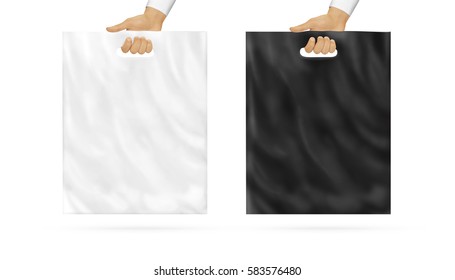 Blank Plastic Bag Mock Up Set Holding In Hand. Empty Polyethylene Package Mockup, Black And White, Hold In Arms Isolated. Consumer Pack Ready For Logo Or Identity Presentation. Product Food Packet.