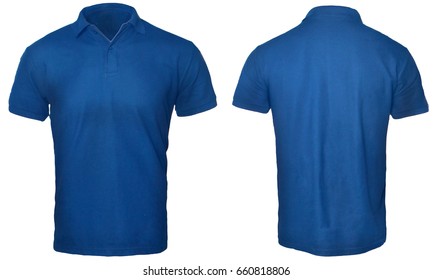 Blank polo shirt mock up template, front and back view, isolated on white, plain blue t-shirt mockup. Polo tee design presentation for print.