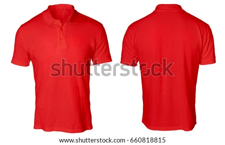 Blank polo shirt mock up template, front and back view, isolated on white, plain red t-shirt mockup. Polo tee design presentation for print.