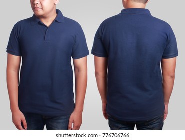 Blank polo shirt mock up, front, and back view, isolated on grey. Asian male model wear plain dark blue tshirt mockup. Clothes uniform design presentation for print
