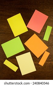 Blank Post Its Lying On A Office Table. Top View.