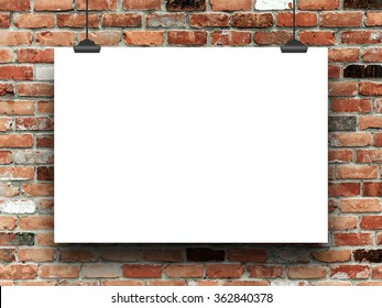 Blank poster frame with clips on multicoloured brick wall background - Shutterstock ID 362840378