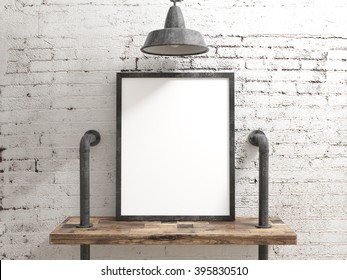 Blank Poster Frame On Rustic Wood Shelve With White Brick Industrial Background
