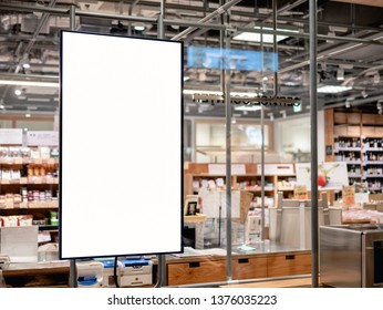 Blank Poster Frame Template In Supermarket Blur Product Shelf Advertising Banner 