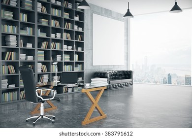 Blank poster in loft private office with book case, leather sofa, glassy table and big window, mock up, 3D render