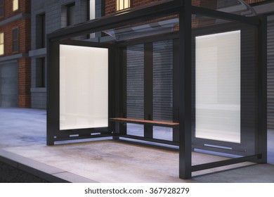 Blank Poster On The Wall Of Bus Stop On Night City Street, Mock Up 3D Render