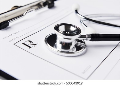 Blank Prescription Pad, With Stethoscope And Clipboard.