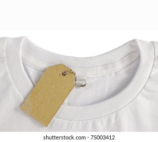 Blank Price Tag Hang Over White Tshirt. Isolated Over White Background