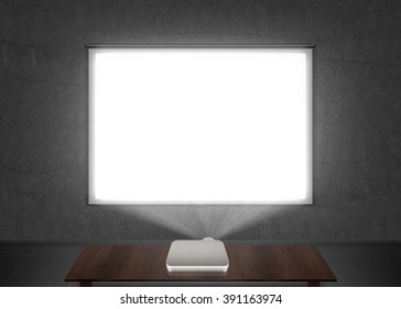 Blank Projector Screen Mockup On The Wall. Projection Light In Darkness. Projector Display Mock Up. Presentation Clear Monitor On Wall. Slide Show Front Design. Slideshow Billboard Banner Frame.