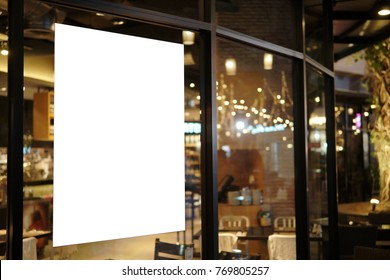 Blank Promotion Poster Display On Glass Window At Restaurant Or Cafe,promotion Information For Announcement Message Successful Marketing