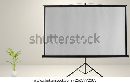 blank pull-down portable projector screen on tripod stand in office