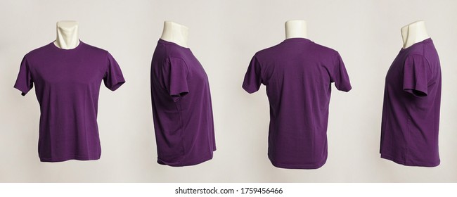 Blank Purple Tshirt Template, From Two Sides, Natural Shapes On Mannequins, Template T-shirt For Your Mockup Design To Be Printed, Isolated On A White Background.